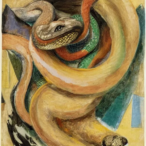 Prompt: A beautiful collage of a snake eating its own tail that seems to go on forever. electric color by Kurt Schwitters, by Henry Ossawa Tanner