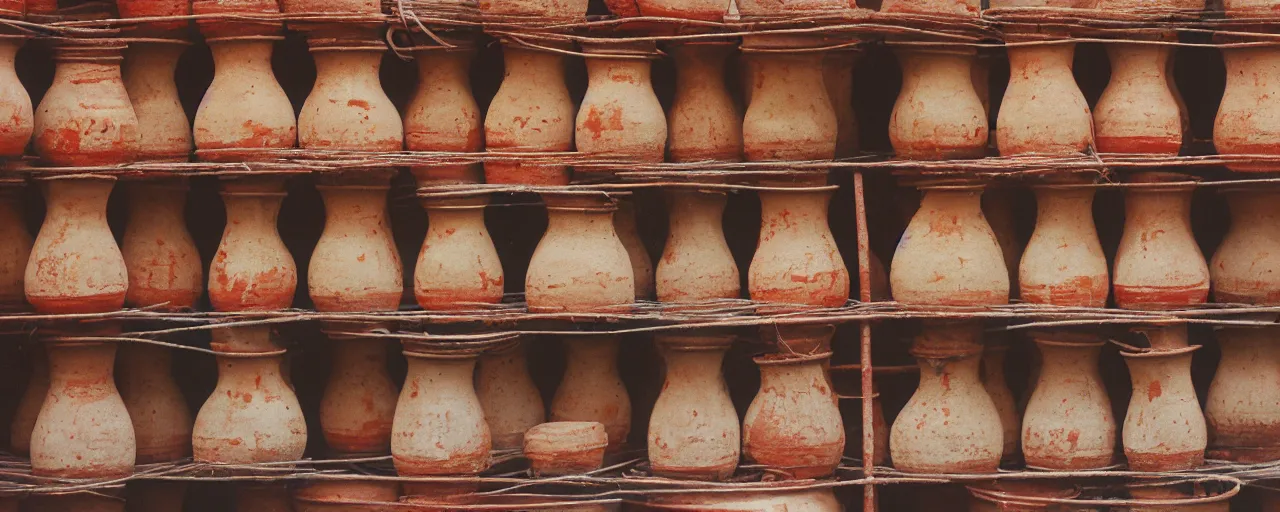 Image similar to spaghetti being stored in ancient terra cotta pots, middle east, fine detail, canon 5 0 mm, in the style wes anderson, kodachrome, retro