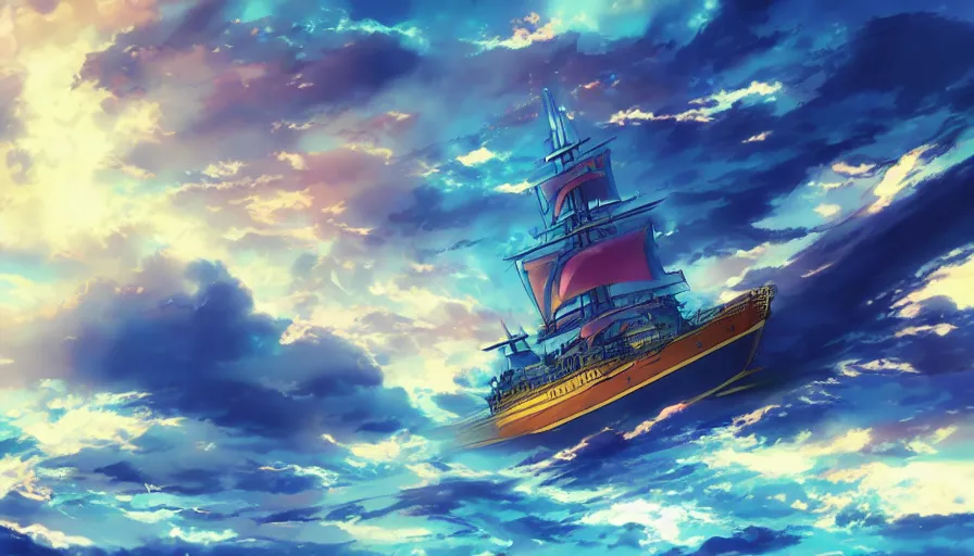 Image similar to one piece ship sailing, dark blue storm sky, sun sunset, with blue light piercing through clouds, makoto shinkai, royal blue colors, lighting refraction, volumetric lighting, pixiv art, highly detailed, anime art, symmetrical, wlop, anime art