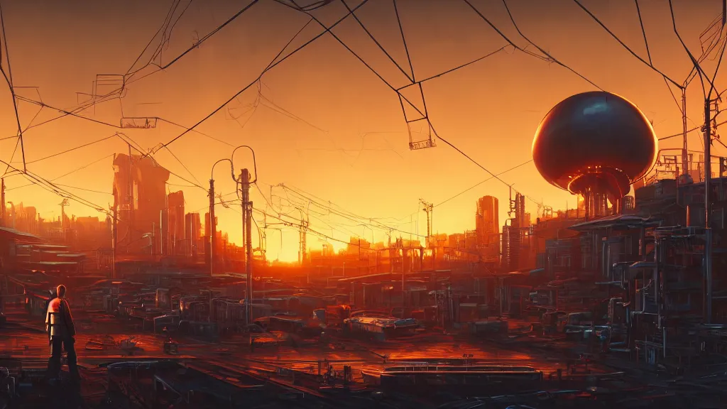 Prompt: cyberpunk industrial site. cyberpunk factories. cyberpunk city backdrop. sunset. rail tracks. cyberpunk industrial area. giant atomic bomb mushroom in background. clouddigital render. digital painting. beeple. noah bradley. cyril roland. ross tran. trending on artstation