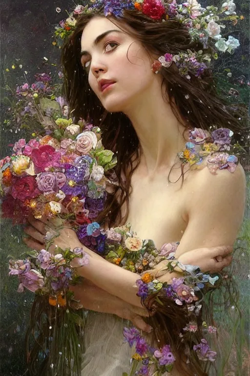 Prompt: portrait of a beautiful mysterious woman holding a large bouquet of flowing flowers, wet dripping long hair, hands hidden under the bouquet, emerging from the water, fantasy, regal, intricate, by stanley artgerm lau, greg rutkowski, thomas kindkade, alphonse mucha, loish, norman rockwell