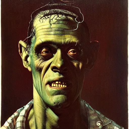 Image similar to Frontal portrait of a frankenstein. A portrait by Norman Rockwell.