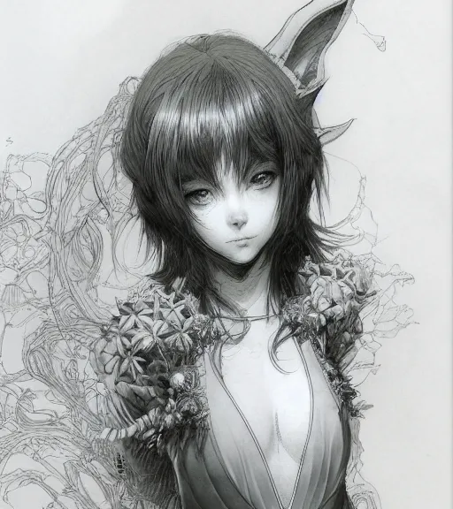 Image similar to portrait of anime elf girl wearing swimsuit, pen and ink, intricate line drawings, by craig mullins, ruan jia, kentaro miura, greg rutkowski, loundraw