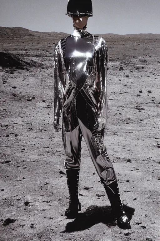 Image similar to portrait davis taylor brown dressed in 1 9 8 1 space fantasy fashion, avante garde, shiny metal, standing in a desert