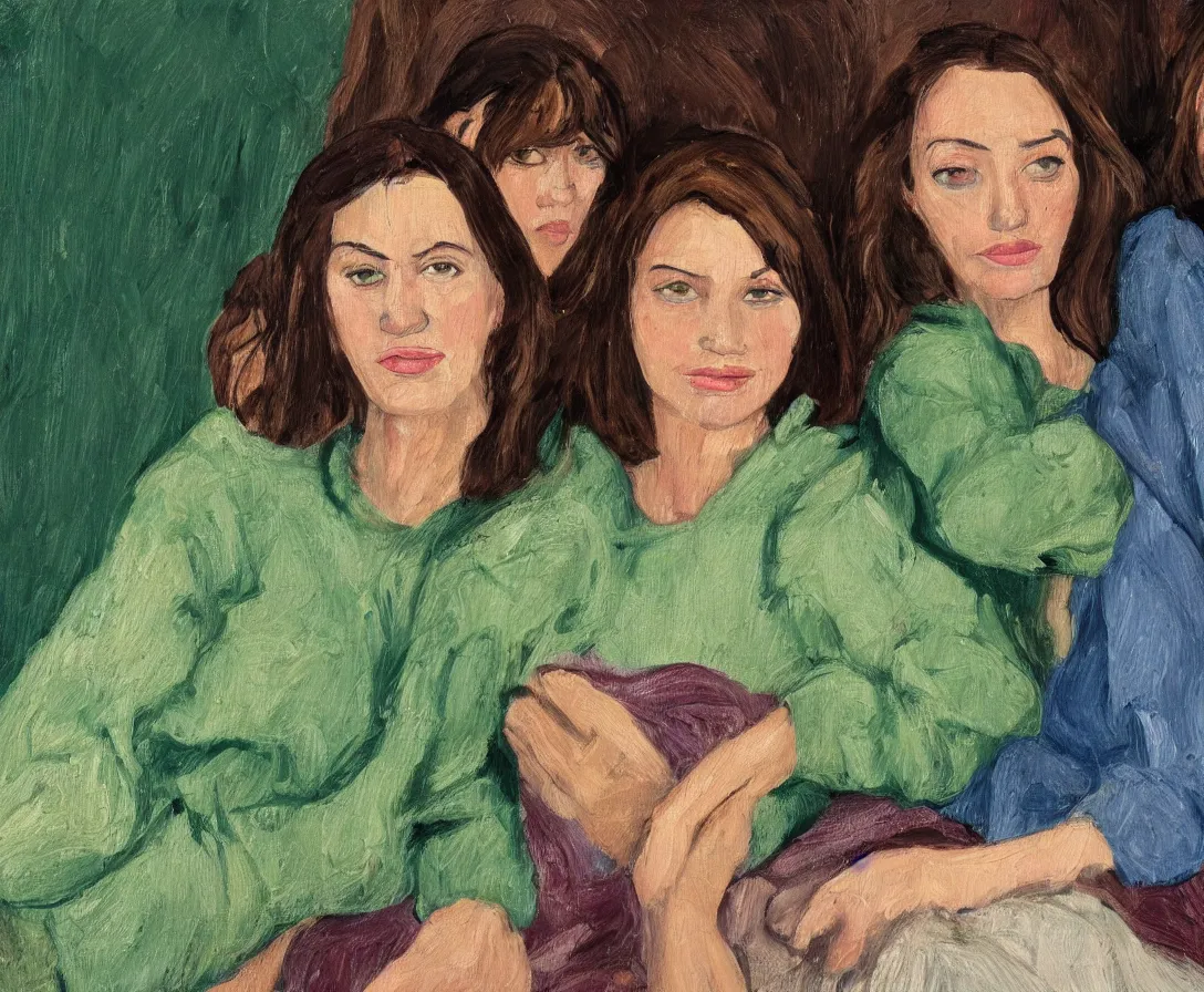 Prompt: close up portrait of pretty bella and esther with brown hair lying horizontal next to each other, in an old english apartment on a brown leather sofa. one is wearing a dark blue sweather, the other a white shirt. close up. in the style of lucien freud. oil painting. green light. thick colorful brush strokes. smiling