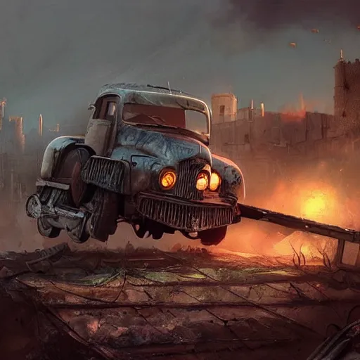 Prompt: crossout car destroyed, hyper realistic, very detailed, realistic lighting, fantasy, 4 k, in the style of greg rutkowski,