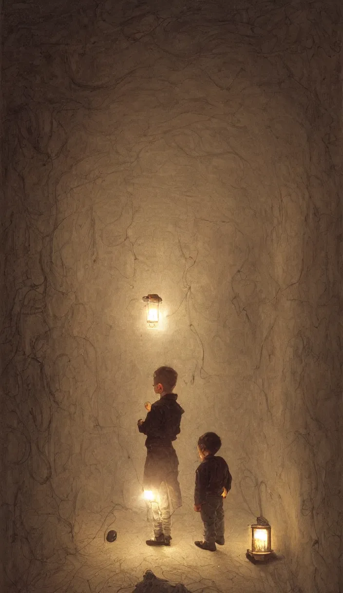 Prompt: a kid in a room full of infinite paintings using his lantern to iluminate the walls, part by Norman Rockwell, part by Greg Rutkowski , part by Mattias Adolfsson, high angle, intricate, detailed, (((volumetric lighting))), oil on canvas