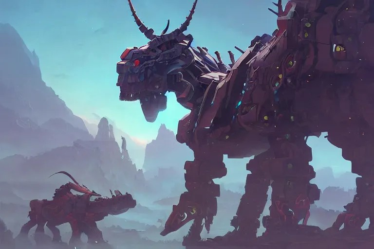 Image similar to grimhorn fanghorn machine mecha animal beast robot of horizon forbidden west horizon zero dawn bioluminiscence, behance hd by jesper ejsing, by rhads, makoto shinkai and lois van baarle, ilya kuvshinov, rossdraws global illumination