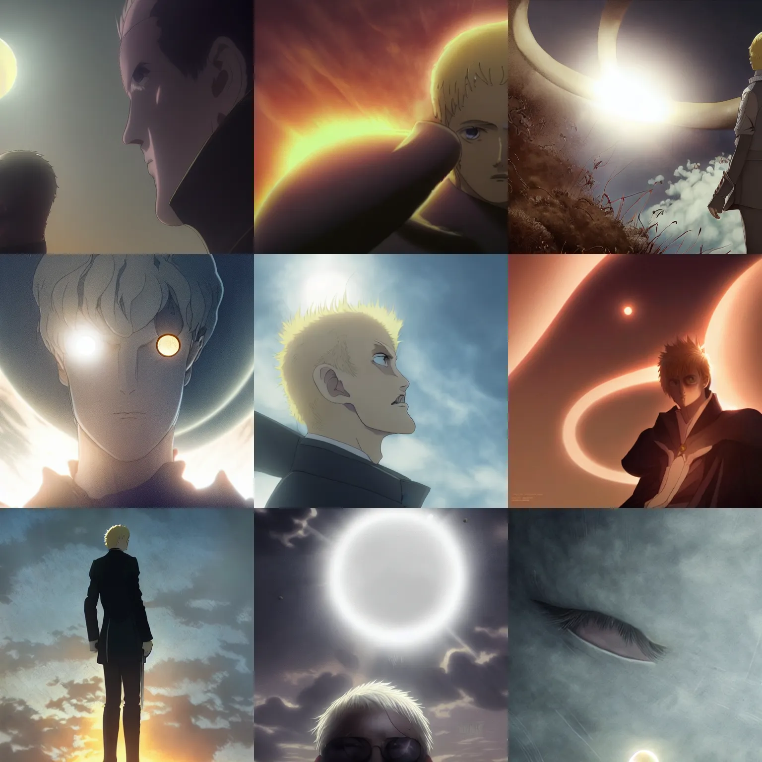 Prompt: Johan Liebert under the eclipse from berserk, close up shot from the top, anime art, Greg Rutkowski, studio ghibli, dramatic lighting