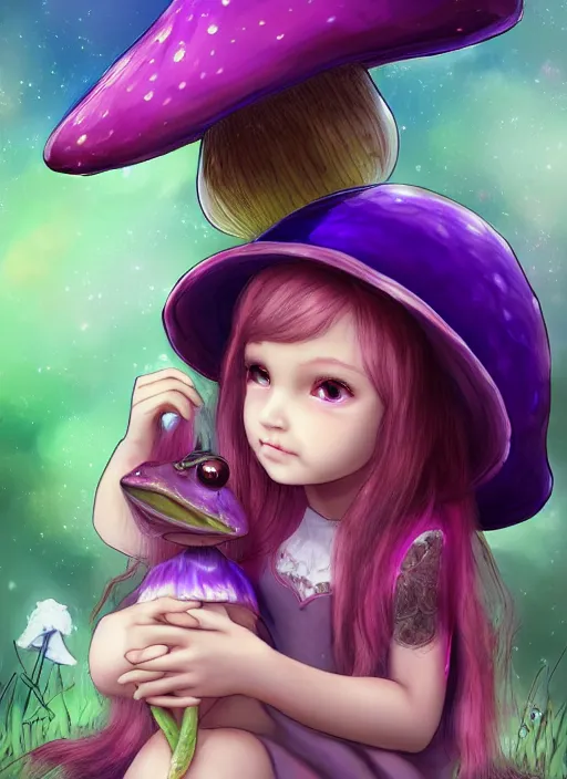 Prompt: a beautiful little girl wearing a mushroom hat sitting in her room petting a frog in her lap | | purple hair, pretty face, sharped details in celestial art style, trending on pixiv