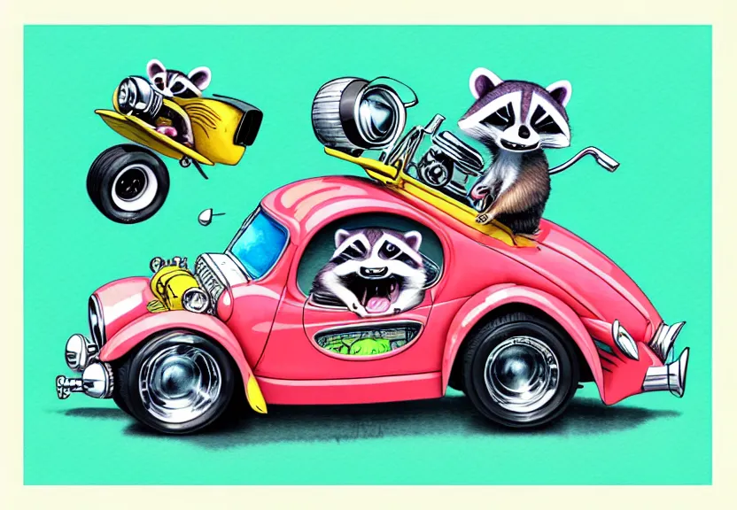 Prompt: cute and funny, racoon riding in a tiny hot rod coupe with oversized engine, ratfink style by ed roth, centered award winning watercolor pen illustration, isometric illustration by chihiro iwasaki, edited by range murata and beeple