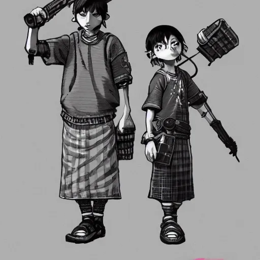 Image similar to rpg character concept art, twin brothers being cute and gangsta, intricate detail, in the style of jamie hewlett kawase hasui riyoko ikeda, 3 d render, artstation trending, 8 k, octane render, photorealistic, sharp detail, manga, black and white