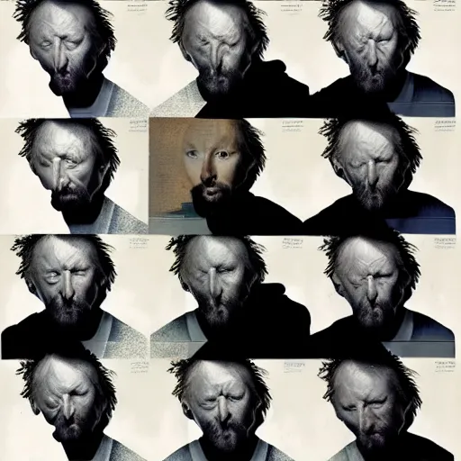 Image similar to collages, hyper realistic, many variations portrait of very old thom yorke, face variations, singer songwriter, ( side ) profile, liminal space, by lee bermejo, alphonse mucha and greg rutkowski, greybeard, smooth face, cheekbones