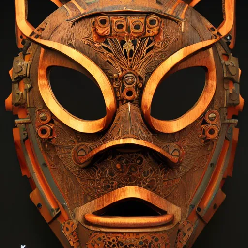 Image similar to a steampunk tribal mask, japanese pottery, vivid colors, wood, metal, intricate details, trending on cgsociety, concept art, glowing eyes, sharp focus, ultra realistic details, cinematic atmosphere, global illumination, shadows, octane render, 8 k