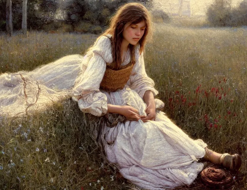 Image similar to peasant girl with long hair yarn knitting, cottage core, cinematic focus, polaroid photo bleached vintage pastel colors high - key lighting, soft lights, foggy, by steve hanks, by lisa yuskavage, by serov valentin, by tarkovsky, 8 k render, detailed, oil on canvas