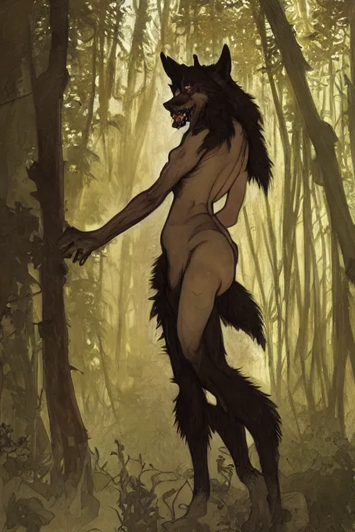 Image similar to fullbody portrait of a werewolf, bared teeth, long claws, by greg rutkowski and alphonse mucha, gradient brown to silver, in front of a forest at night background, highly detailed portrait, digital painting, artstation, concept art, smooth, sharp focus illustration