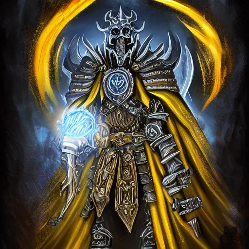 Prompt: digitail painting of the lich king wearing an armor ornated with skulls and bones, dark fantasy, dramatic scene, dramatic lights