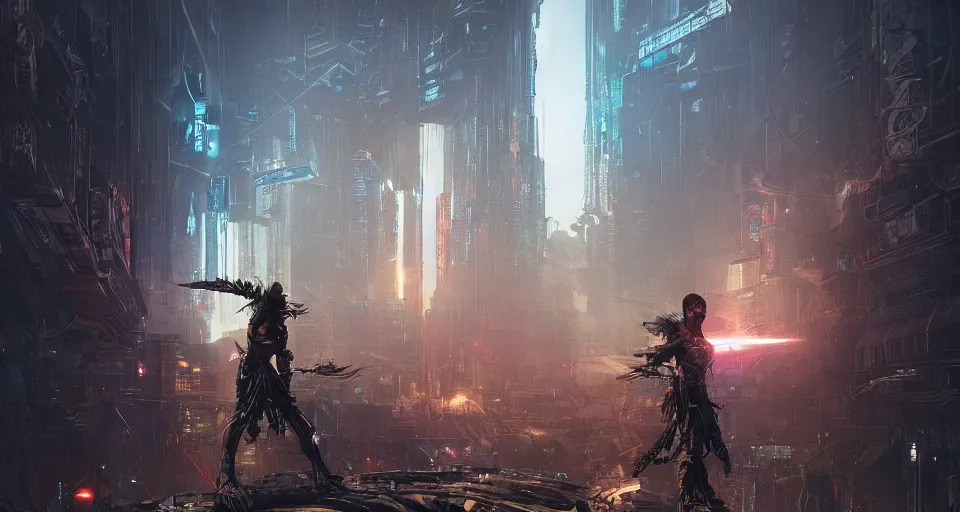 Image similar to cyberpunk gladiator, cinematic, highly detailed, octane render, cg, rich cinematic atmosphere, perfect digital art, mystical journey in strange world, Mystical, cyberpunk, tech war, sci-fi, surreal, glowing lights, sharp focus, high detailed, by Akihiko Yoshida, michael whelan and Karol Bak - H 1024