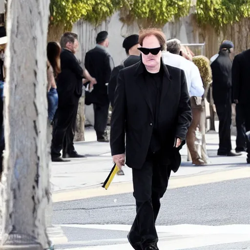 Image similar to quentin tarantino at a funeral, wearing a yarmulke, paparazzi