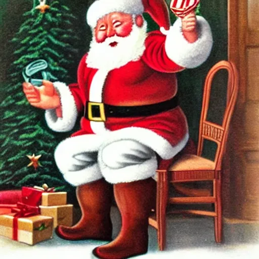 Image similar to santa claus sitting on the toilet in the style of currier & ives