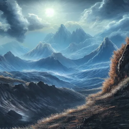 Image similar to The death landscape with mountains in the background, Sci-Fi fantasy wallpaper, painted, 4k, high detail, sharp focus