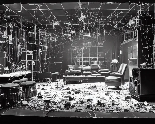 Prompt: diorama of a stage at a basement club, muted lights, broken vintage computers and cables, scattered glass shards, centered, composition by Nan Goldin, 8k, film noir, b&w photography, cinematography by Jim Jarmusch, set design by Frank Miller