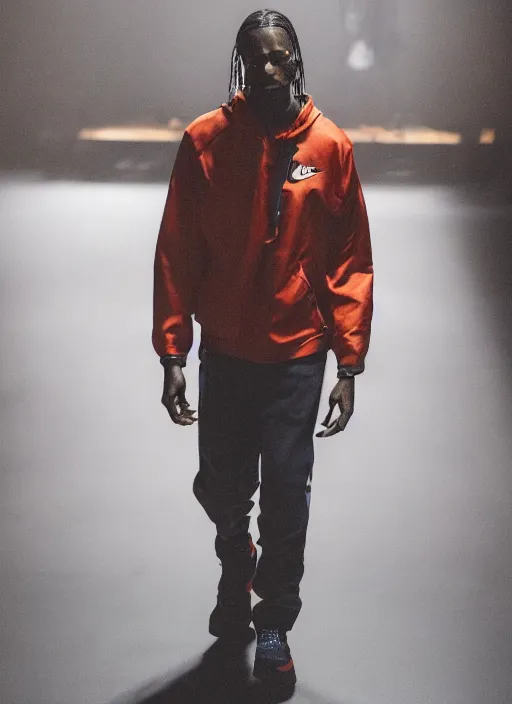 Image similar to hyperrealistic and heavy detailed nike runway show of travis scott, leica sl 2 5 0 mm, vivid color, high quality, high textured, real life