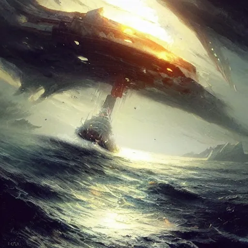 Image similar to A ship falling off the edge of the world, fantasy art by Greg Rutkowski
