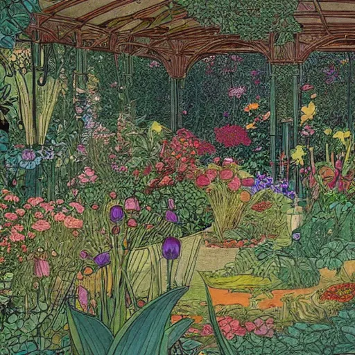 Image similar to an illustration of a beautiful garden, painted by moebius and james jean