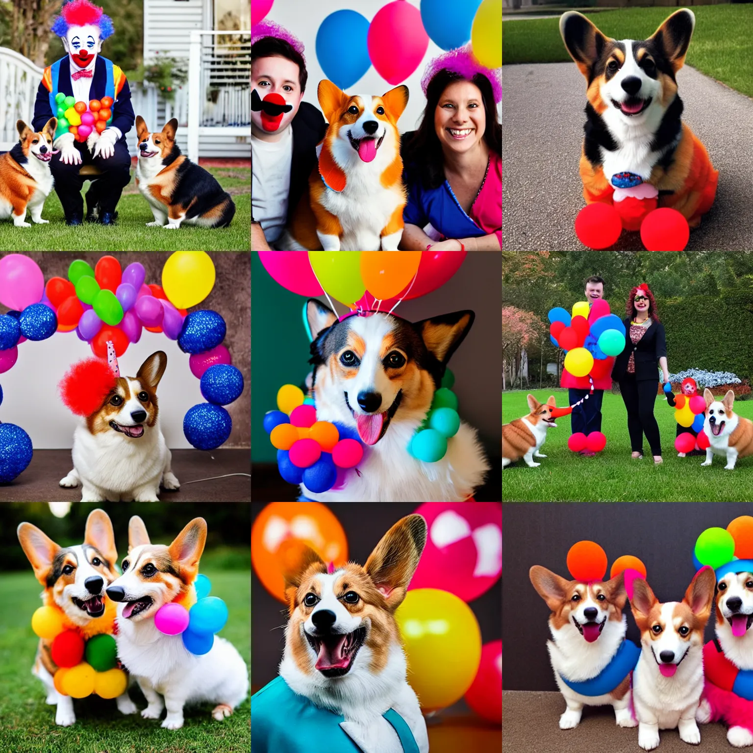 Prompt: corgi wearing clown costume, family photo