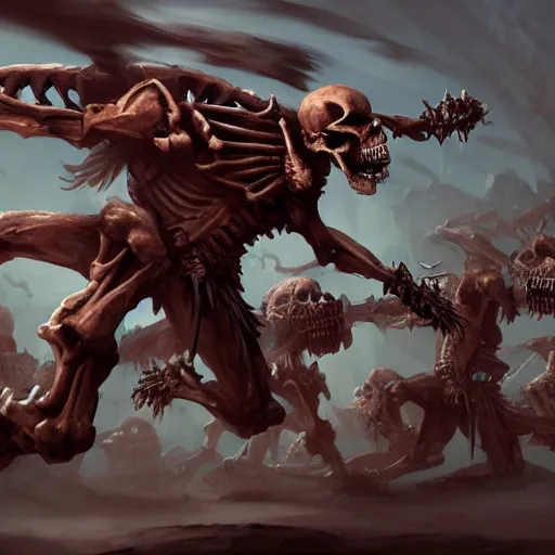 Image similar to a horde of skeleton warriors running towards a deep giant sinkhole, dynamic, action pose, digital painting, WLOP, trending on artstation, 8k, epic composition, highly detailed, sharp focus