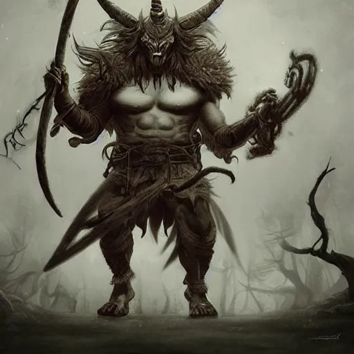 Image similar to Giant Muscular Baphomet wearing Samurai outfit in front of treebeard with ghosts and fairies surounding illustration by Renato muccillo and Andreas Rocha and Johanna Rupprecht + dofus colors, wakfu colors + symmetry + greco-roman art, intricate ink illustration, intricate complexity, epic composition, magical atmosphere + wide long shot, wide angle + masterpiece, trending on artstation + 4k