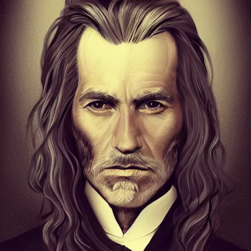 Image similar to old flowing hair handsome man with high collar fantasy, symmetrical beautiful, portrait, painting, trending on artstation