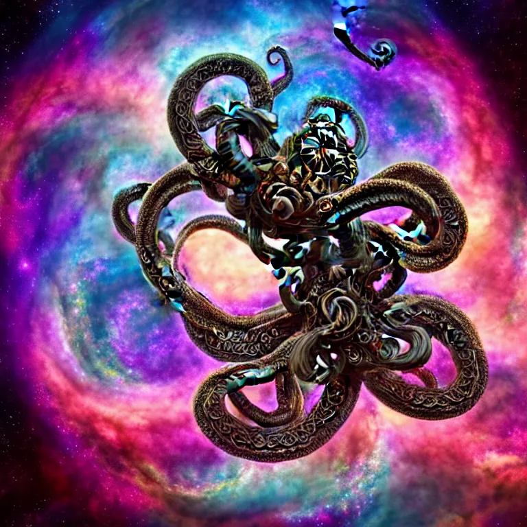 Image similar to a dramatic and beautiful digital matte painting of large space octopus with legs made of fractal celtic knots floating in front of beautiful nebulae, trending on cgartist, hi-fructose, mandala, ultra detailed 8k