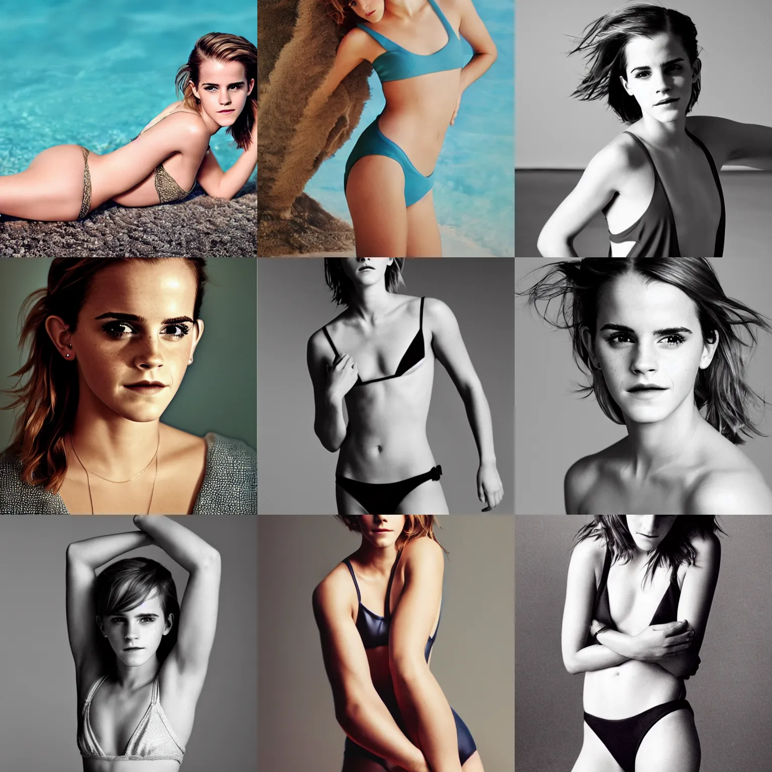 Prompt: Photo of Emma Watson in swimsuit, soft studio lighting, photo taken by David Bailey for Abercrombie and Fitch, award-winning photograph, 24mm f/1.4