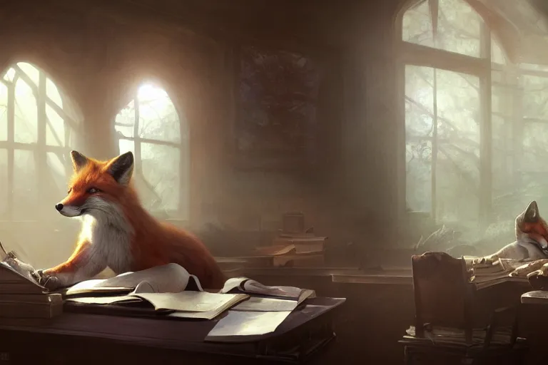 Prompt: portrait of a fox sat at a school desk doing schoolwork, trending on artstation, highly detailed, digital painting, volumetric light, concept art, middle focus, illustration, lighting by Marc Adamus, daren bader, aleksi briclot, rutkowski, bouguereau