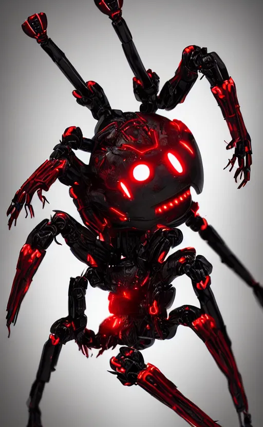 Image similar to a robot humanoid spider with 4 arms with claws, glowing red eyes, in a black carbon and red fiber armor, smiling creepily, dynamic lighting, photorealistic fantasy concept art, trending on art station, stunning visuals, creative, cinematic, ultra detailed