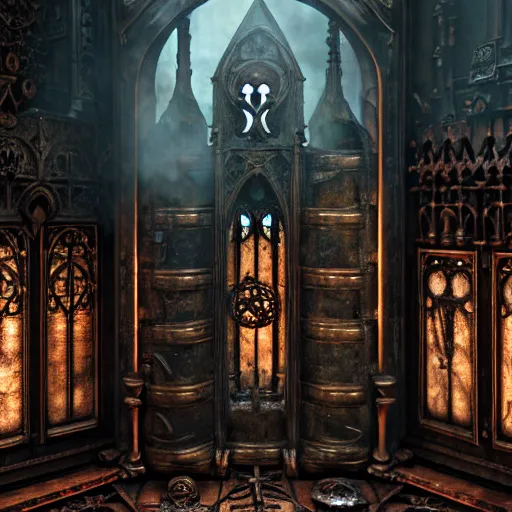 Image similar to steam necropolis, memento mori, gothic, neo - gothic, art nouveau, hyperdetailed copper patina medieval icon, stefan morrell, philippe druillet, ralph mcquarrie, concept art, steampunk, unreal engine, detailed intricate environment, octane render, moody atmospherics, volumetric lighting, ultrasharp, ominous, otherworldly