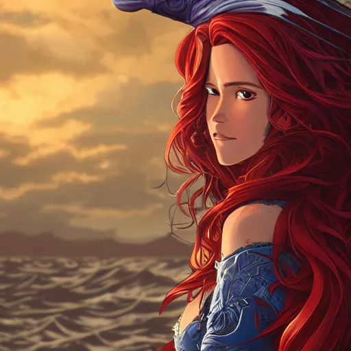 Image similar to my long red haired pirate queen girlfriend by dan mumford, yusuke murata, makoto shinkai, ross tran, cosmic, heavenly, god rays, intricate detail, cinematic, 8 k, cel shaded, unreal engine, featured on artstation, pixiv