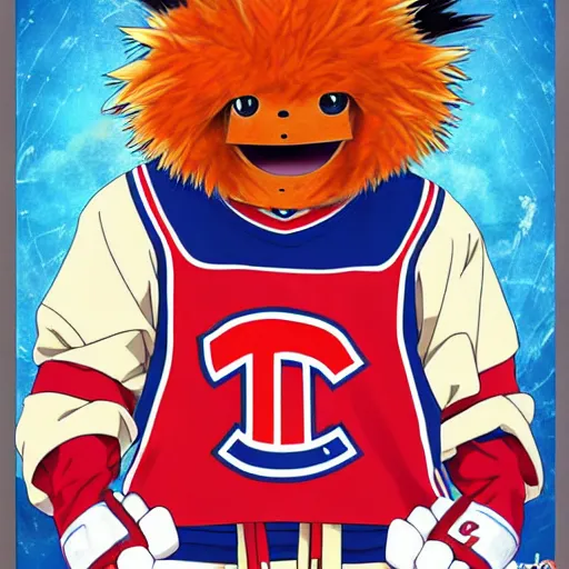 Image similar to suprised anime Portrait of Youppi the Habs Montreal Canadiens Mascot as a very sad and menacing pokemon, highly detailed anime, high evolution, 1993, legendary, smooth, sharp focus, dynamic lighting, intricate, trending on ArtStation, shiny Youppi as suprised pikachu, illustration pokemon, art by WLOP