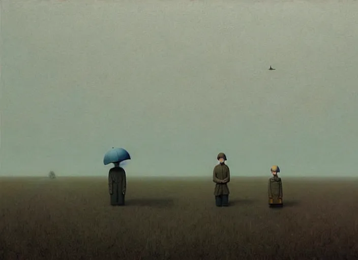 Prompt: surreal scenery, painting by quint buchholz and ray caesar, muted colors, gray, dull, boring, low energy, pale blue faces, very detailed, very coherent