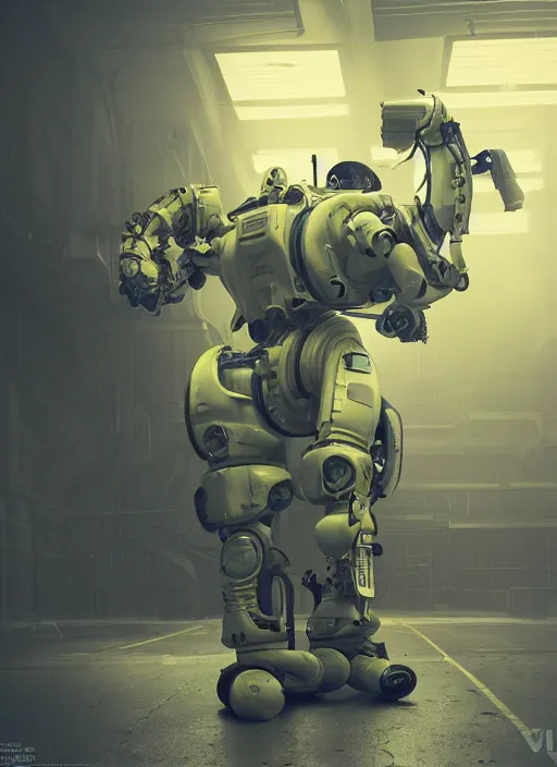 Image similar to a photorealistic dramatic hyperrealistic render of a futuristic exosuit power loader heavy machinery, ultra realistic details, glossy yellow, well worn, oil stains by vitaly bulgarov and mike nash, beautiful dramatic dark moody tones and lighting, cinematic atmosphere, studio lighting, shadows, dark background, octane render, 8 k