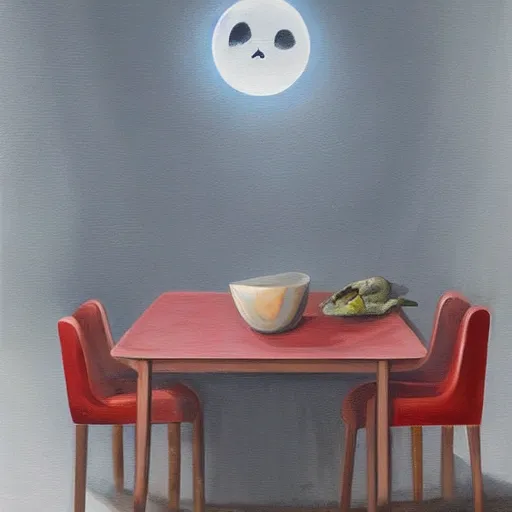 Prompt: wide shot of a ghostly shadow floating above the dinner table Karin andersson painting