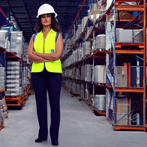 Image similar to photo, close up, salma hayek in a hi vis vest, in warehouse, android cameraphone, unreal engine, 2 6 mm,