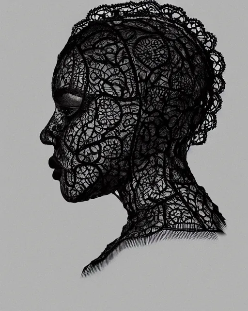 Image similar to a black woman's face in profile, made of intricate lace skeleton, in the style of the dutch masters and gregory crewdson, dark and moody