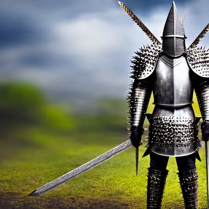 Prompt: full body photo of a knight with spiky armour and a mace, highly detailed, 4 k, hdr, smooth, sharp focus, high resolution, award - winning photo