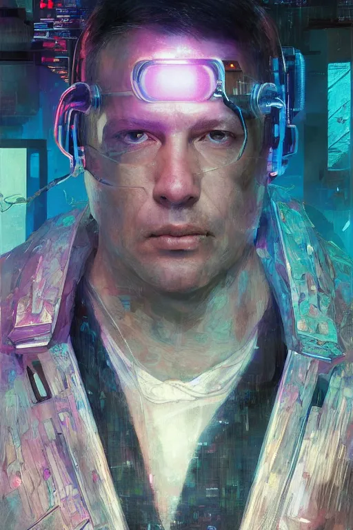 Image similar to A portrait of the author Erik Davis as a cyberpunk, iridescent highlights, background of digital greebles, highly detailed, intricate, soft, sci-fi, sharp focus, glowing lines, art by Ruan Jia and Moebius