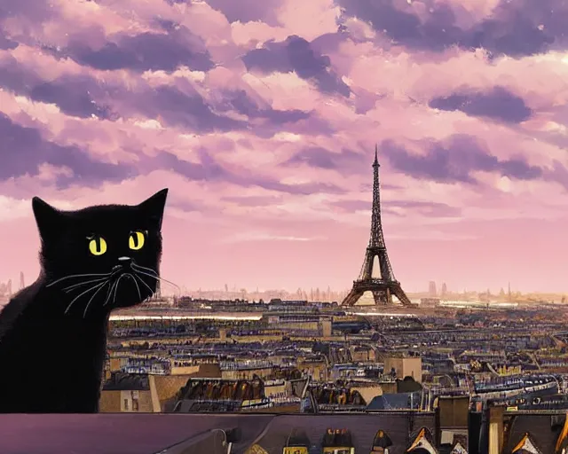 Image similar to a black cat sitting on the top of a building overlooking a French city, Eiffel Tower in the background. Atmospheric lighting, warm lighting, wide shot, sunset. By Makoto Shinkai, Stanley Artgerm Lau, WLOP, Rossdraws, James Jean, Andrei Riabovitchev, Marc Simonetti, krenz cushart, Sakimichan, trending on ArtStation, digital art.