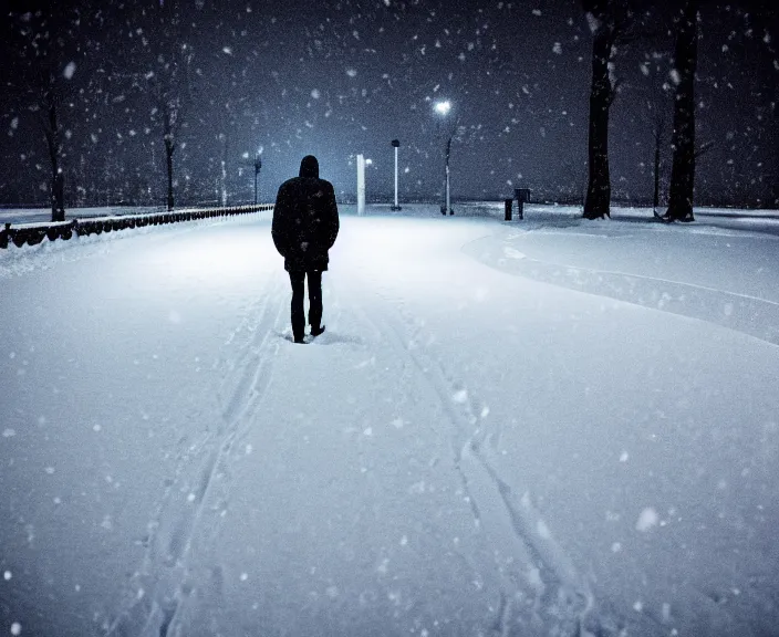 Prompt: a lonely man walking through the snow alone and sad at night