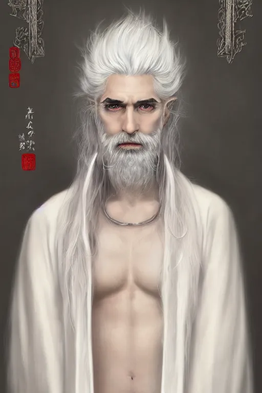 Image similar to white haired robe fu xi full male front body portrait, very long white beard and hair, long hair shawl, fine kindness delicate prefect face features gaze, piercing eye, elegant, style of tom bagshaw, cedric peyravernay, peter mohrbacher, victo nga, 4 k hd illustrative wallpaper, animation style, chinese style